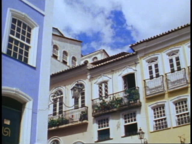 Salvador, Brazil, medium, low shot up to tops, colonial Portuguese buildings
