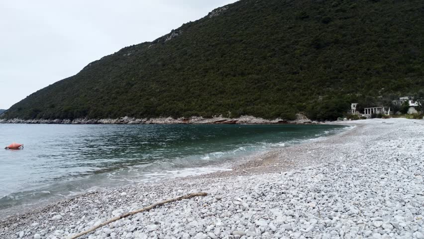 Aerial drone view of the city on the Adriatic seashore. Rose, Montenegro, Europe