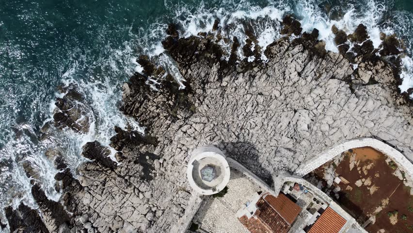Aerial drone view of the city on the Adriatic seashore. Rose, Montenegro, Europe
