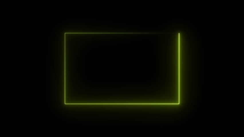 square rectangle picture frame icon animation glowing neon yellow color border frame display neon box movement screen round shape rotation footage retro line banner on black background
