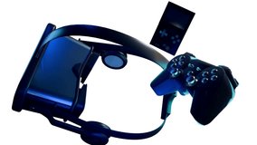 A 3d animation of a three distinct pieces of gaming technology, a game controller, a virtual reality (VR) headset and a handheld gaming console. - Powered by Shutterstock - Get 15% off with code: PIKWIZARD15