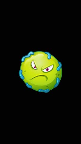 A virus character expands and shatters, transitioning from black to green backgrounds with dynamic motion