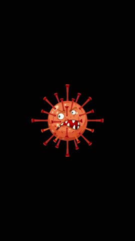 A virus character morphs and expands across vibrant backgrounds, transitioning from black to white and green