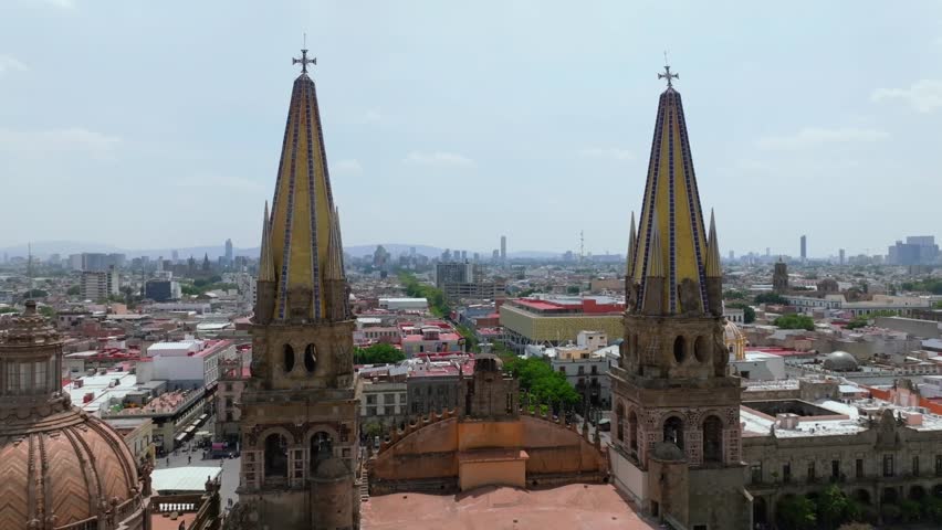 Towers of the cathedral of Guadalajara in Jalisco, Mexico. Aerial