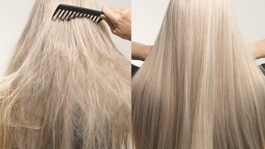 Unrecognizable model with long blond straight hair, slow motion before and after