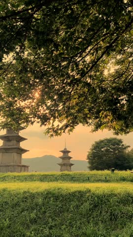 A front view of the Three-Story Stone Pagoda at Gameunsa Temple Site in Gyeongju, South Korea, built during the Unified Silla period over a thousand years ago.
