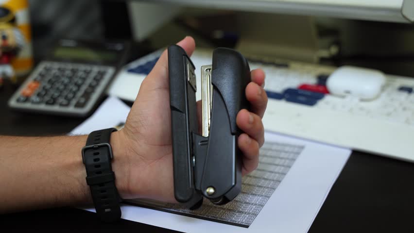 Hand gripping classic black stapler over document stack—ideal for office, organization, admin, or business tool visuals.