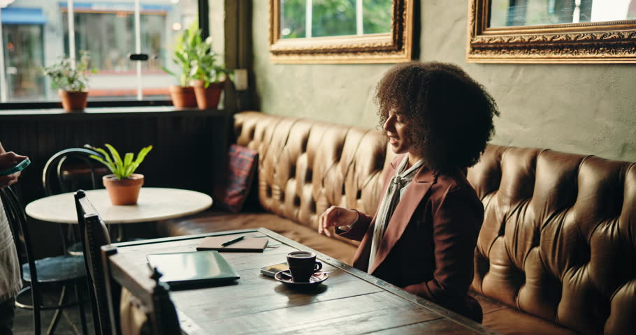 Cafe, payment and customer with phone or pos machine for order, beverage or purchase in restaurant. Happy woman, waiter and tap to pay with mobile smartphone for NFC, sale or checkout in coffee shop