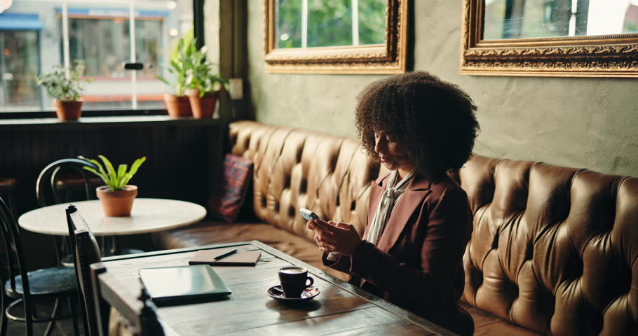 Cafe, payment and customer with phone or pos machine for order, beverage or purchase in restaurant. Happy woman, waiter and tap to pay with mobile smartphone for NFC, sale or checkout in coffee shop