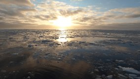 The morning sun reflects off Arctic ice floes. Small chunks of ice drift on the dark water beneath a sky of blue and gold clouds. Serene and still. - Powered by Shutterstock - Get 15% off with code: PIKWIZARD15