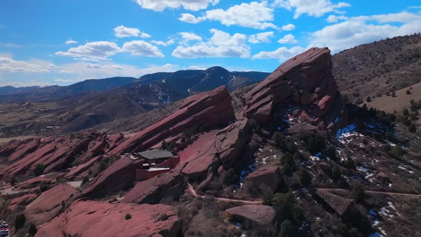 Red Rocks Park and Amphitheater Mount Morrison Colorado aerial drone mid winter music stage snow covered walking trails Trading Post sunny blue sky clouds stairs tourist destination circle left