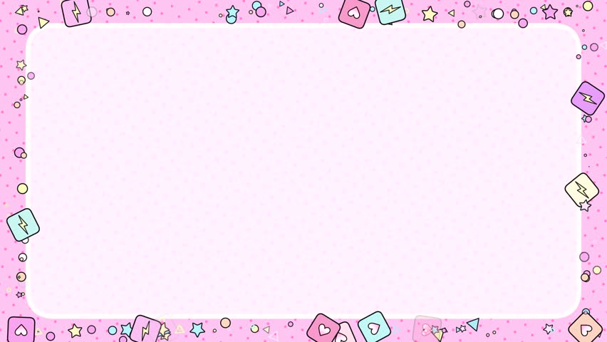 Looped cute pink frame with playful squares, hearts, thunderbolts, stars, triangles, circles, and an empty board animation.