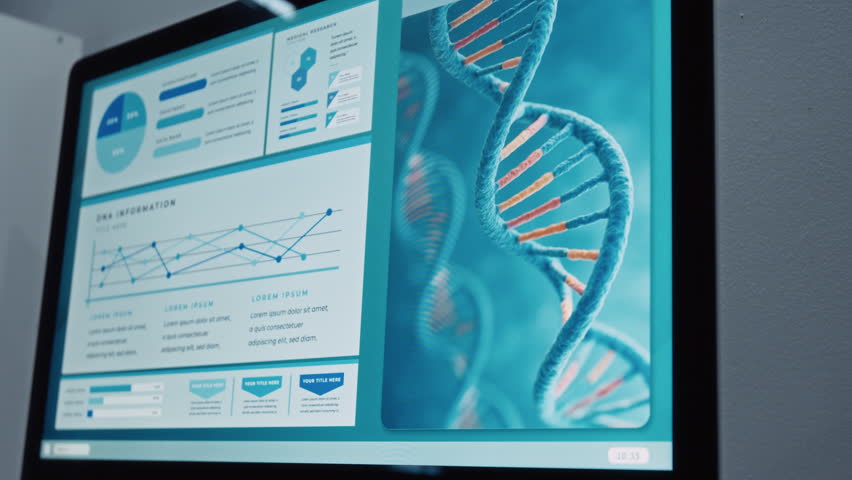 No people close-up of research presentation on computer screen, with video of double DNA strand model spinning around on blue background at genetics laboratory - Powered by Shutterstock - Get 15% off with code: PIKWIZARD15