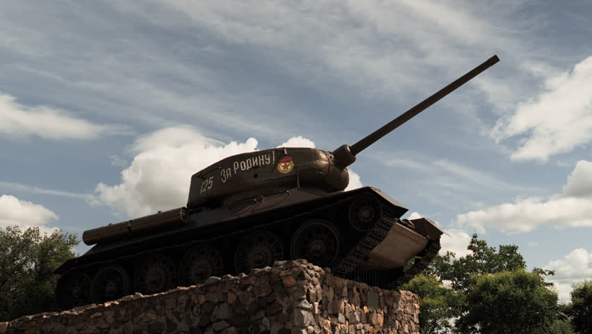 Historic World War II-era Soviet T-34 tank on display in central Tiraspol, Transnistria. A symbol of Soviet legacy and Russian military heritage in the breakaway region of Moldova.