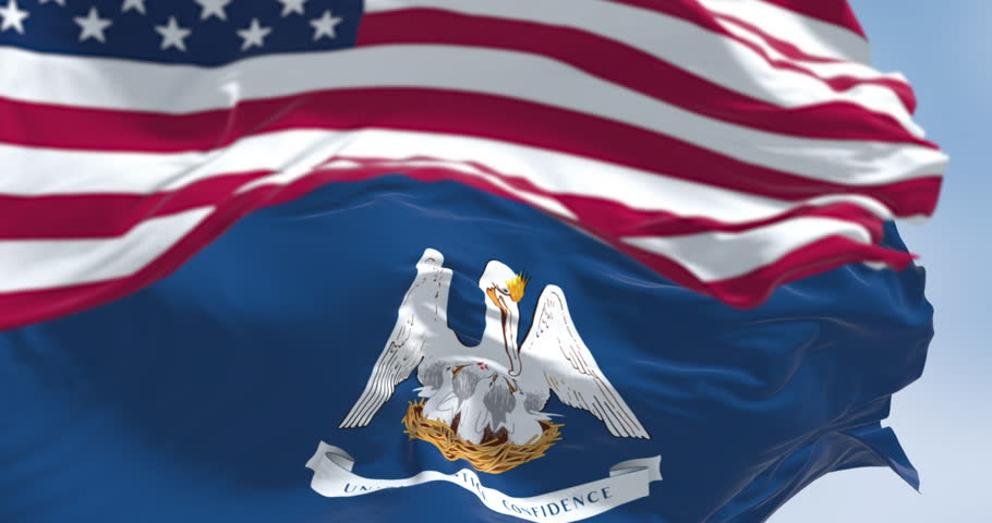 Louisiana state flag waving in front of the US flag. Seamless 3d render animation. Slow motion loop. Selective focus