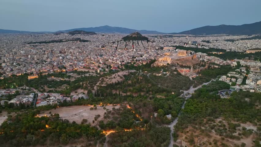 Parthenon and Acropolis Hill at Dusk– Aerial View over Athens