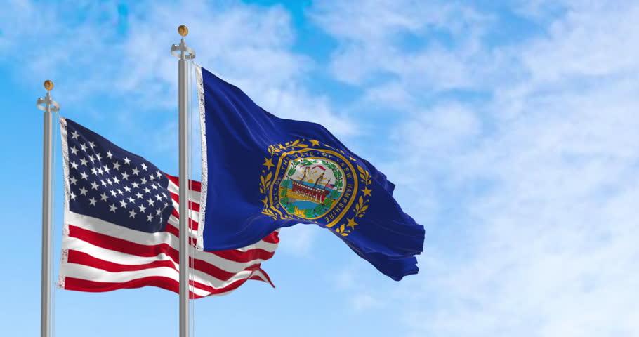 The New Hampshire and United States flags waving in the sky. Concept of federalism, politics, state pride, and American patriotism. Seamless 3d render animation. Slow motion loop. Selective focus