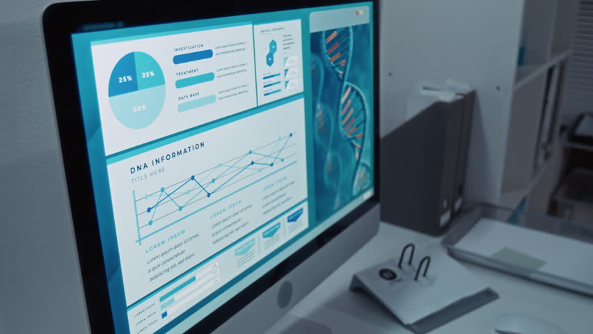 No people arc close-up of computer screen at workplace of genetics research scientist at bioengineering company. Presentation with image of DNA helix, pie chart, data graph in shades of blue