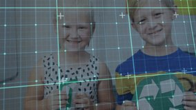 Translucent grid scanning guiding children placing recycling cutouts and globe for education. Environmental education, sustainability, teamwork, childhood, conservation, classroom, eco-friendly - Powered by Shutterstock - Get 15% off with code: PIKWIZARD15
