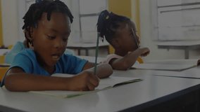 Boy and girl students writing in classroom initiating binary code overlays and rotating data panels. Digital learning, education technology, interactive classroom, childhood education, innovation, - Powered by Shutterstock - Get 15% off with code: PIKWIZARD15