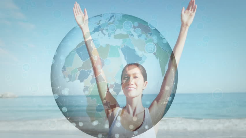 Wellness participant lifting arms at sunny seaside, revealing rotating globe for wellness insight. Health, serenity, connection, harmony, inspiration, mindfulness, innovation