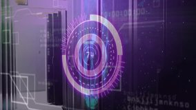 Server rack starting purple HUD gauge, pulsing rotating rings updating numbers visualizing load. Futuristic, technology, interface, digital, innovation, cybersecurity, data - Powered by Shutterstock - Get 15% off with code: PIKWIZARD15