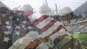 Uniformed soldiers arriving stadium field viewing mission data on tablet and saluting flag overlay. Military, teamwork, strategy, communication, leadership, outdoor, discipline - Powered by Shutterstock - Get 15% off with code: PIKWIZARD15