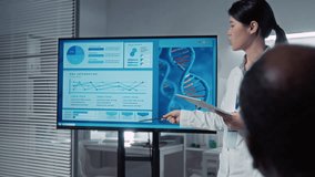 Medium shot of confident Chinese female research scientist in white coat presenting project on genetics and DNA replication mechanisms during educational conference in university laboratory - Powered by Shutterstock - Get 15% off with code: PIKWIZARD15