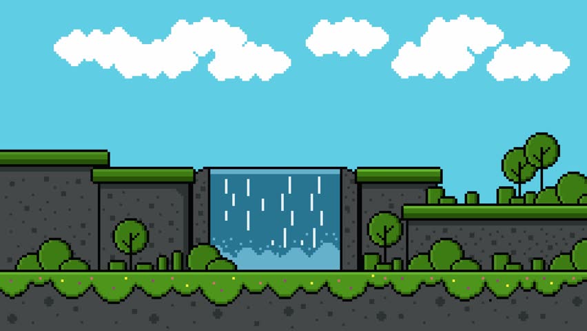 Pixel art animation of a vibrant, natural landscape featuring a waterfall cascading over rocks, lush green hills, trees, and a bright blue sky with fluffy white clouds. lofi background.