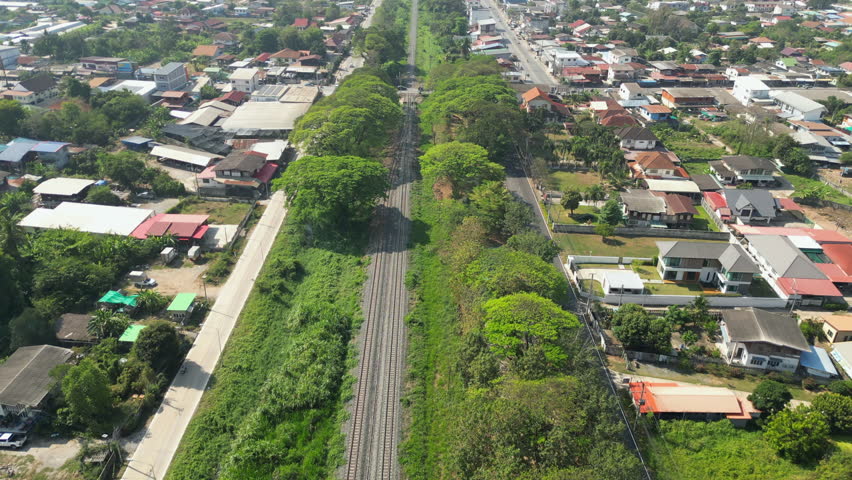 Phitsanulok Thailand Morning Railway Lines Drone Track Forward 4K 30FPS