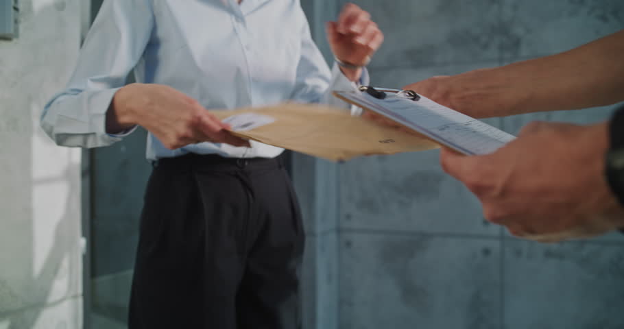 Close Up of Mailman Delivering Padded Envelope for Recipient in Modern Office. Woman Receiving Small Parcel with Online Shopping Order, Signing POD. Postal Service Worker Working in Delivery Service.