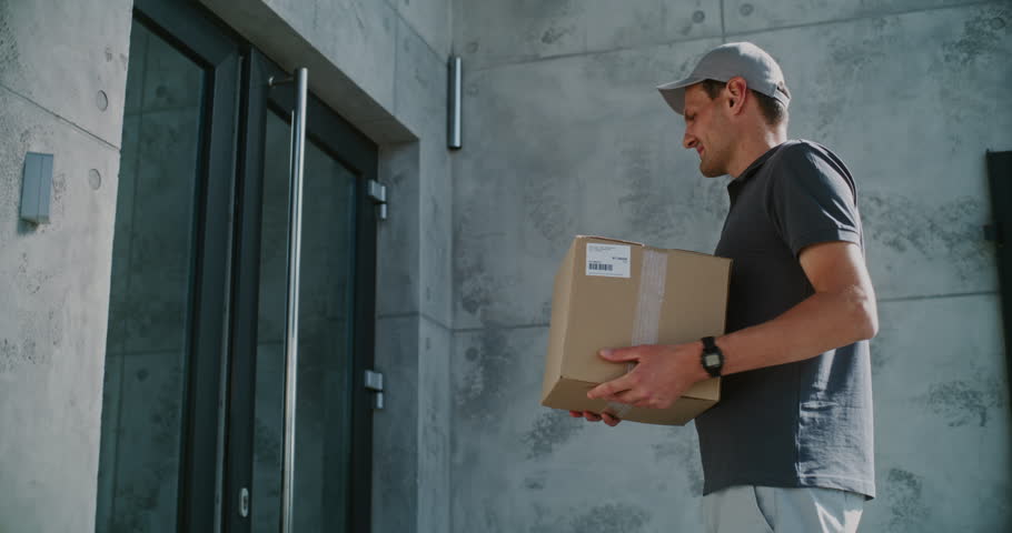 Postman Coming to Modern Office Building, Delivering Parcel Box for Recipient. Businesswoman Receiving Her Package with Online Shopping Order, Signing POD on Smartphone. Delivery or Postal Service.