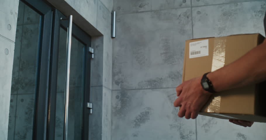 Postman Coming to Modern Office Building, Delivering Parcel Box for Recipient. Businesswoman Receiving Her Package with Online Shopping Order, Signing POD on Smartphone. Delivery or Postal Service.