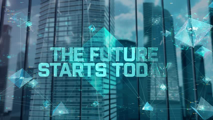 The Future Starts Today. Businessman Working in Office among Skyscrapers. Hologram Concept
