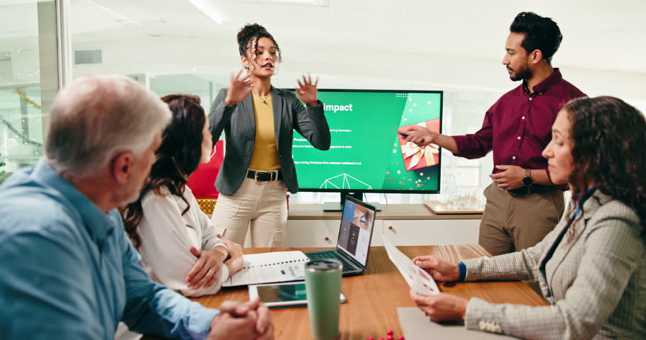Office, presentation and business people in meeting with graph for Christmas sales, feedback or review. Corporate, monitor and workers with chart, statistics and research for target in holiday season