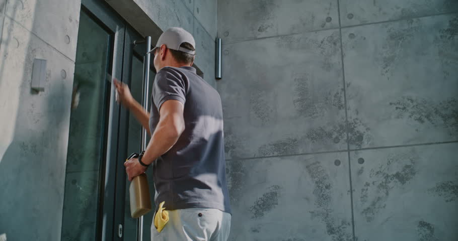Professional Cleaner Spraying Cleaning Liquid and Washing Glass Door Outdoors of Modern Office Building. Businesswoman Going Out and Enters in Office. Male Specialist Working in Cleaning Service.