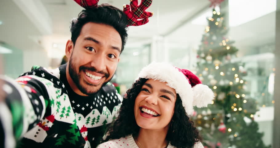 Face, couple and selfie for Christmas, peace sign or excited for celebration in home or photography. Happy, man and laugh with woman on holiday, memory and picture for social media in festive season