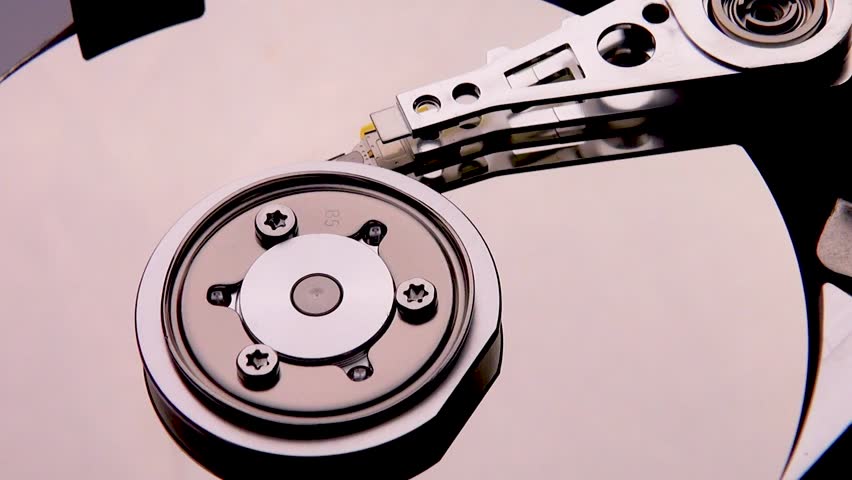 Close-up of a computer hard drive when opened