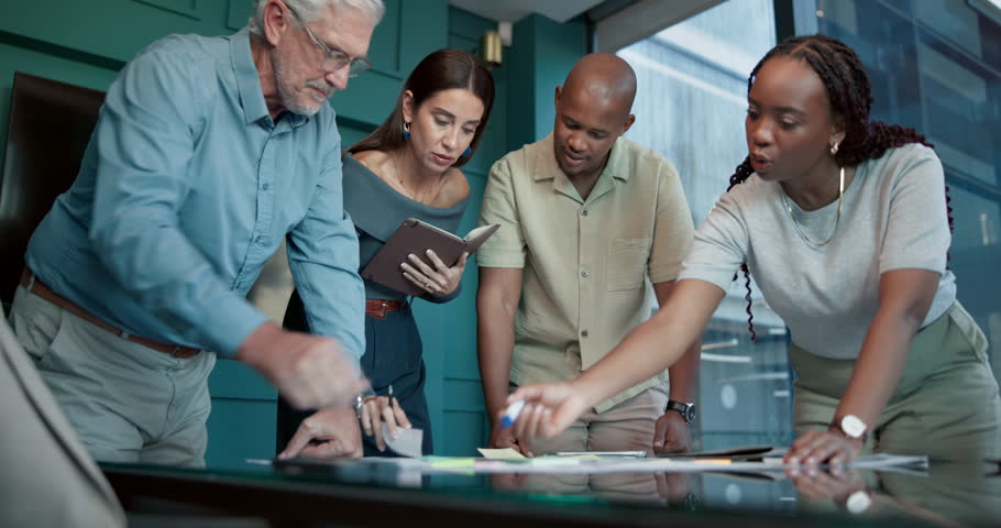 Collaboration, documents and planning with business people in office for problem solving. Conversation, paperwork and project management with employee team in boardroom for brainstorming ideas