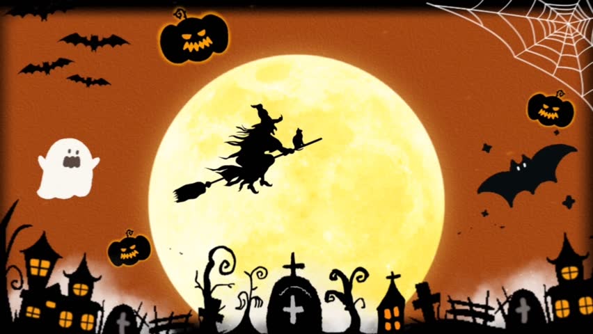 Happy Halloween" text appears in a fun, spooky font. A cute witch, ghosts, and bats fly around a full moon and graveyard. A perfect animated greeting card or intro.