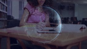 Student writing on notebook, creating digital interface with rotating code streams for education. Futuristic, innovation, education, technology, data, brainstorming, learning - Powered by Shutterstock - Get 15% off with code: PIKWIZARD15