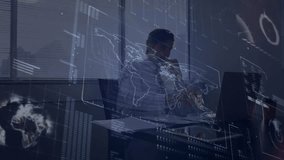 Businessman arriving desk sitting laptop showing map and charts, analyzing data as holograms fading. Technology, data, analytics, futurism, innovation, workspace, digital - Powered by Shutterstock - Get 15% off with code: PIKWIZARD15