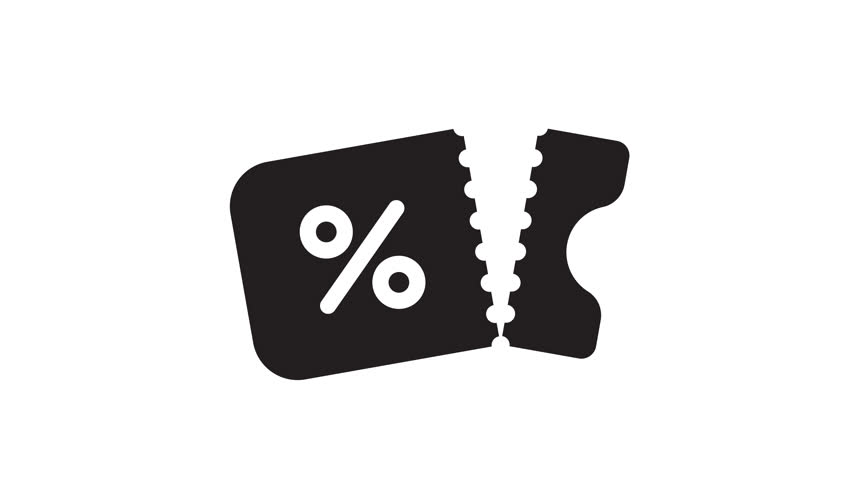 Animated coupon icon with a percent sign tears in half, symbolizing a discount or special offer. Minimal flat design on white background. Perfect for promo, sale. 4K, alpha channel.