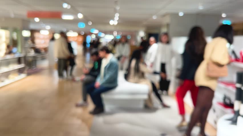 View of numerous luxury shoe shops and visitors of upmarket French department store Galeries Lafayette Haussmann in Paris, France. Out of focus.
