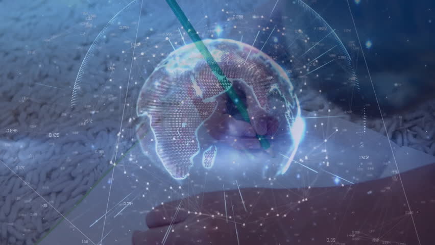 Boy lifting green pencil over notebook sketching and digital globe rotating to Africa for education. Children, creativity, technology, innovation, learning, imagination, sustainabilty - Powered by Shutterstock - Get 15% off with code: PIKWIZARD15