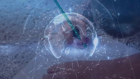 Boy lifting green pencil over notebook sketching and digital globe rotating to Africa for education. Children, creativity, technology, innovation, learning, imagination, sustainabilty - Powered by Shutterstock - Get 15% off with code: PIKWIZARD15