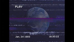 PLAY indicator starting timestamp updating and Earth rotating with glitch lines simulating VHS. Digital globe, space visualization, analog interference, vintage aesthetic, cosmic environment, - Powered by Shutterstock - Get 15% off with code: PIKWIZARD15