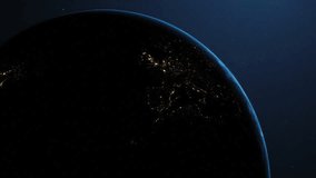 Electric-blue particles emerging near sun forming ribbon as planet rotating revealing city lights. Cosmos, galaxy, universe, abstract, spaceart, celestial, innovation - Powered by Shutterstock - Get 15% off with code: PIKWIZARD15