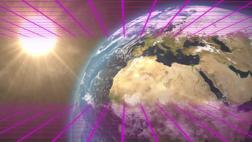 Camera panning causing magenta grid tilting up as Earth rotating revealing Americas northern coast. Futuristic, cosmic, abstract, digital, vibrant, technological, science