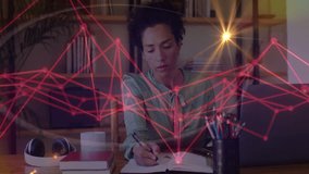 Professional woman flipping notebook writing notes as red data network pulsing for data analysis. Technology, innovation, data, focus, productivity, workspace, digital - Powered by Shutterstock - Get 15% off with code: PIKWIZARD15